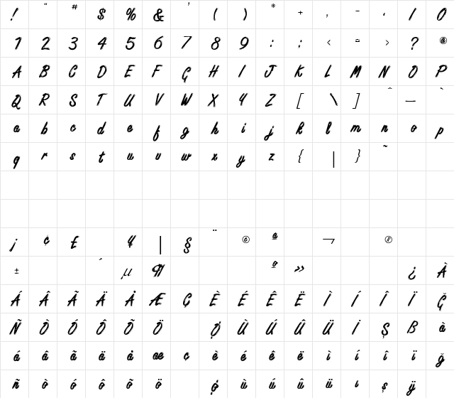 TR Freestyle Script Bold  glyph index