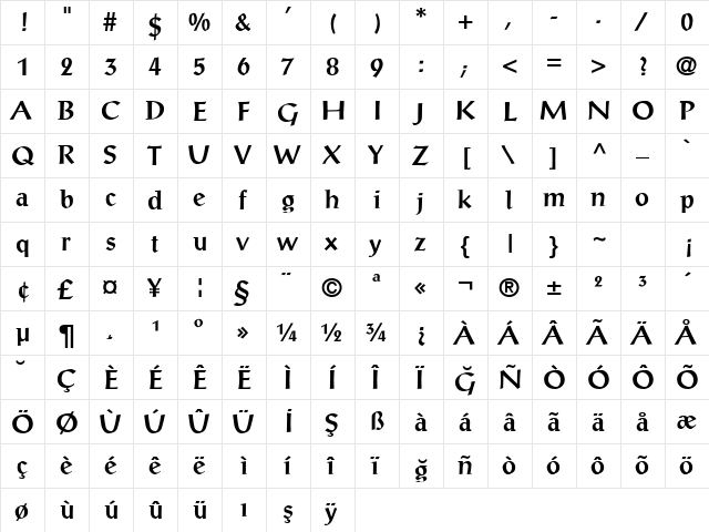 TrSah Prose Antique Bold  glyph index