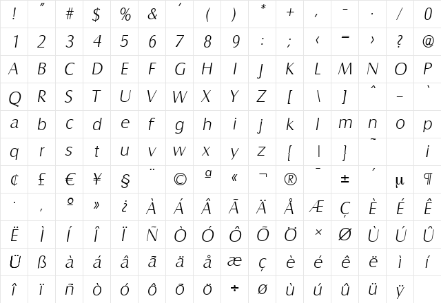 SalzburgSerial-Xlight Italic  glyph index
