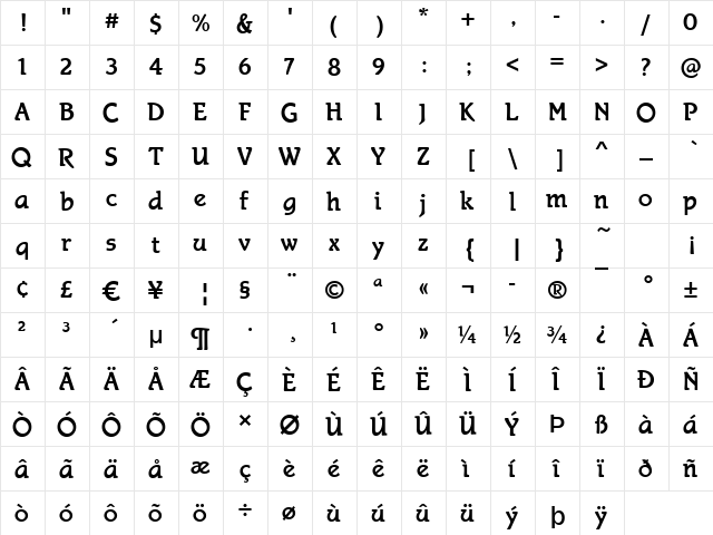Sheffield Regular  glyph index