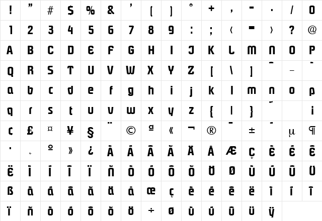 Pasadena-Serial Bold  glyph index