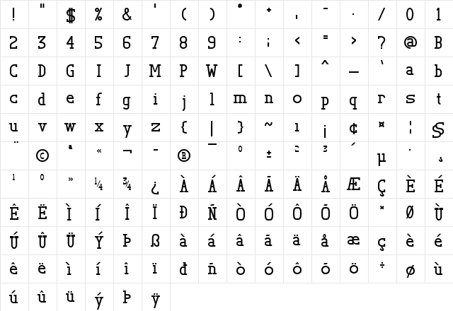 TL Serif Bold  glyph index