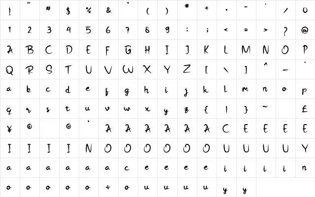 Bigswash Regular  glyph index