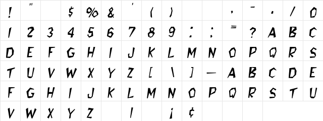 Edgy Oblique  glyph index