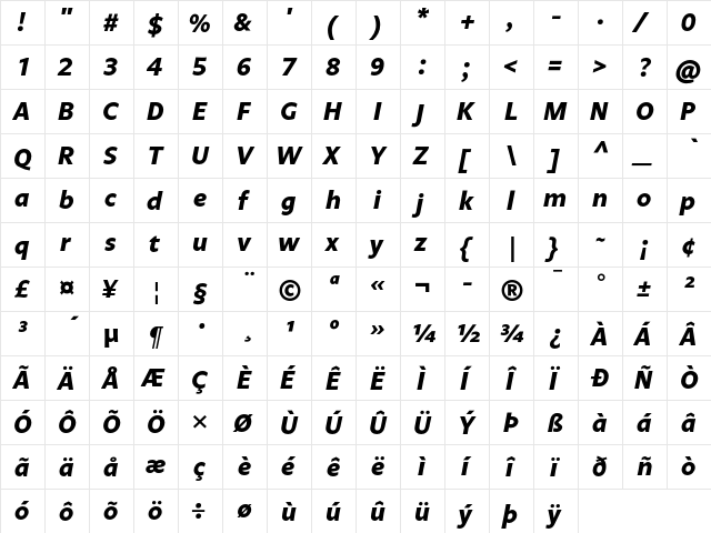 Legato LF Bold Italic  glyph index