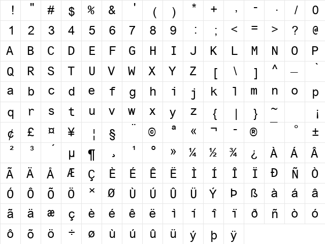 Arial Monospaced Regular  glyph index