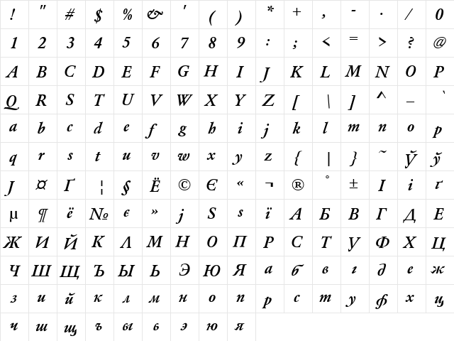 AZGaramondCTT Bold  glyph index