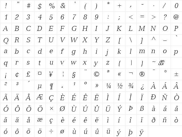 Nuance Light SSi Light Italic  glyph index