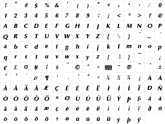 OptaneExtrabold Italic  glyph index