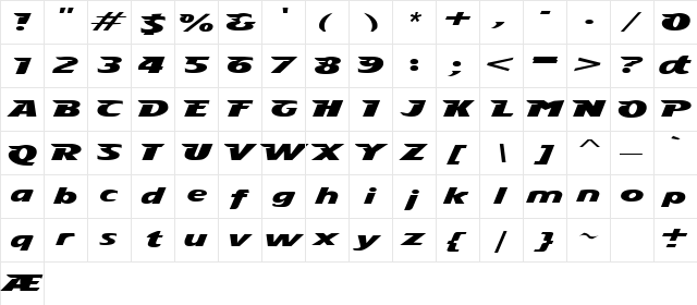 StingRay Extrabold  glyph index
