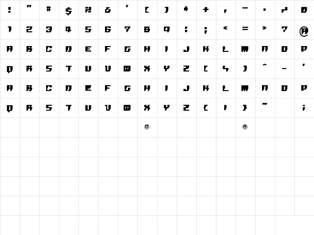 R.P.G. Regular  glyph index