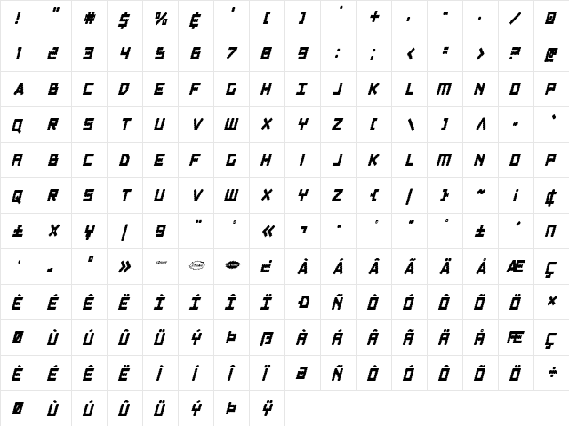 Obsidian Blade Condensed Ital Condensed Italic  glyph index