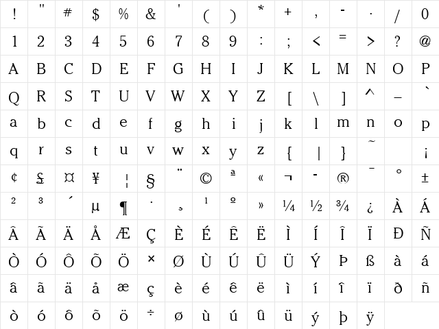 CheltenhamLH Regular  glyph index