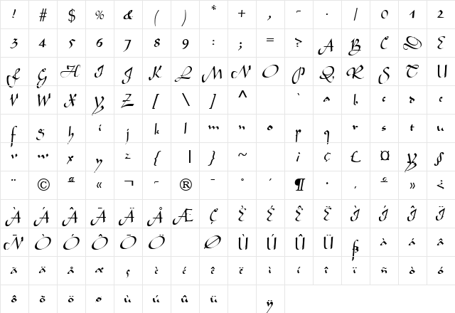 Legend Regular  glyph index