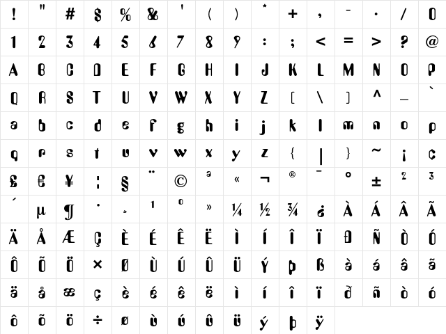 AmeliaLL Regular  glyph index