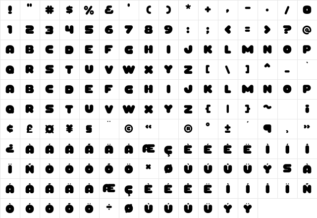 Yeyey Regular  glyph index