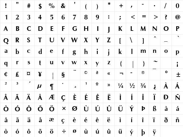 Oklahoma Bold  glyph index