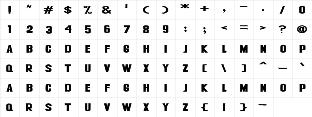 RACTOR Regular  glyph index
