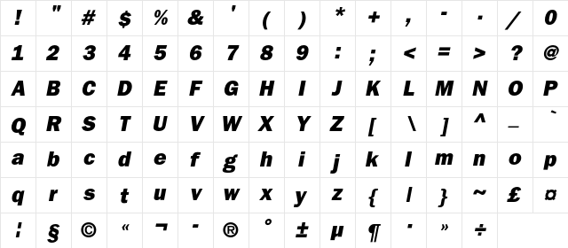 BloknotHeavyC Italic  glyph index