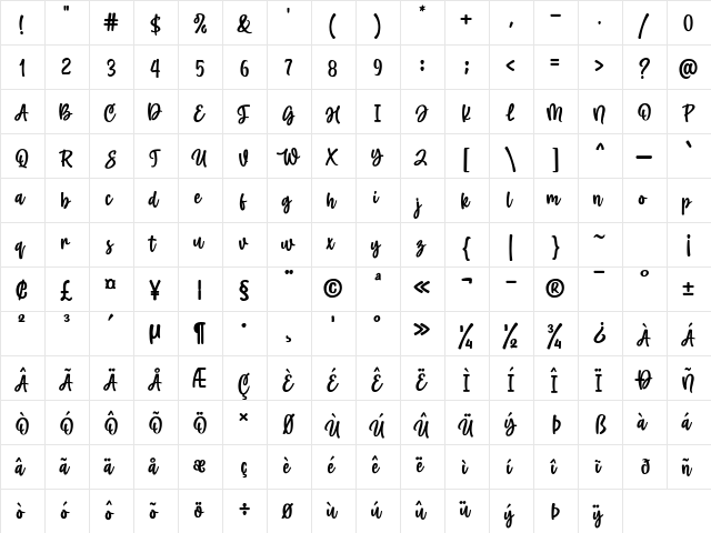 Wishline Regular  glyph index