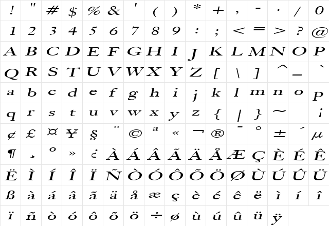 Bliss Extended Italic  glyph index