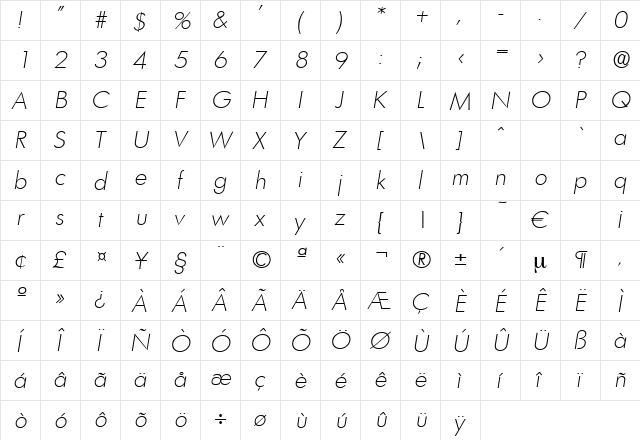 Limerick-XlightIta Regular  glyph index