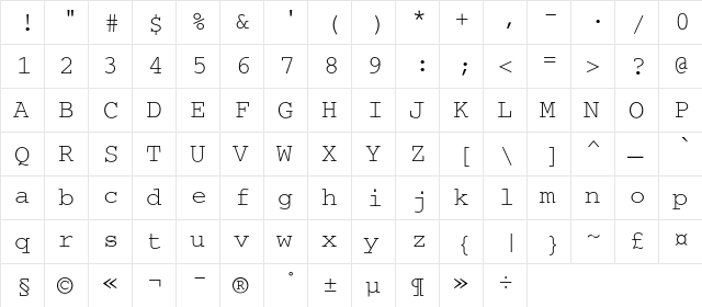 CourierC Regular  glyph index