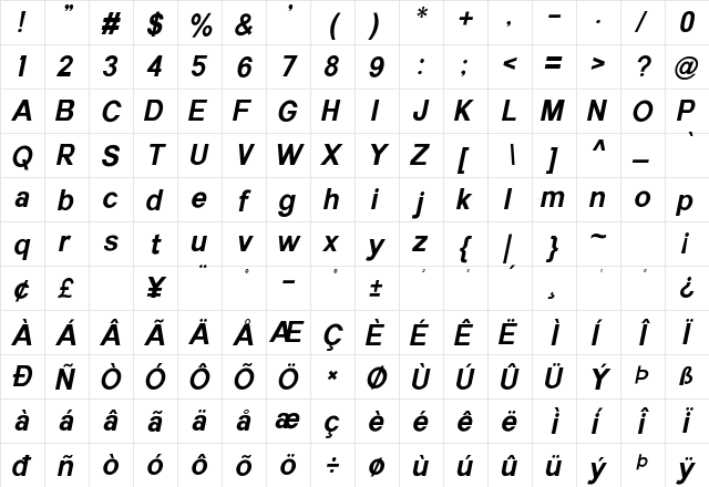 Havertize Italic  glyph index