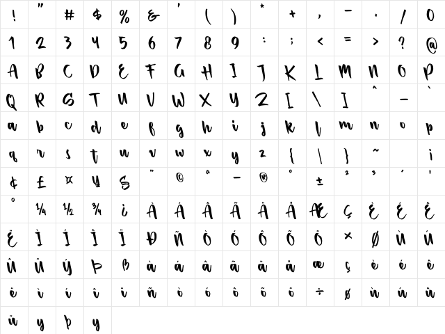 Passifille Tilted Regular  glyph index