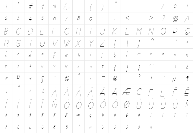 Bernie Condensed Italic  glyph index