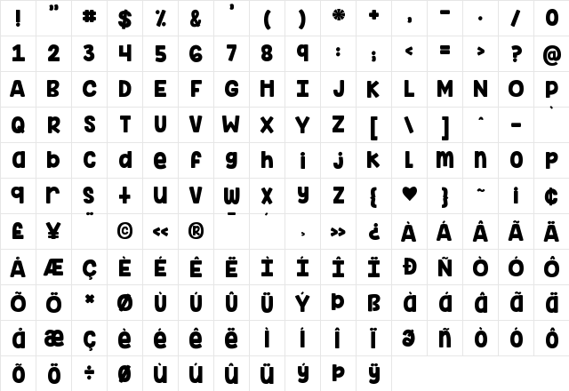KG Inimitable Original Regular  glyph index