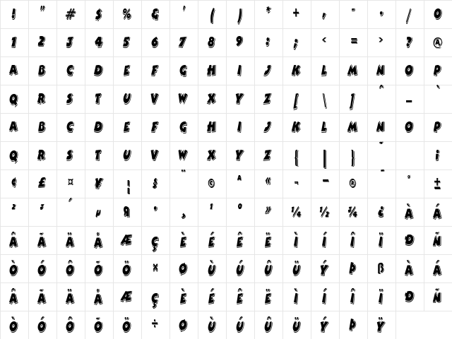 ComicStripCondensed Regular  glyph index