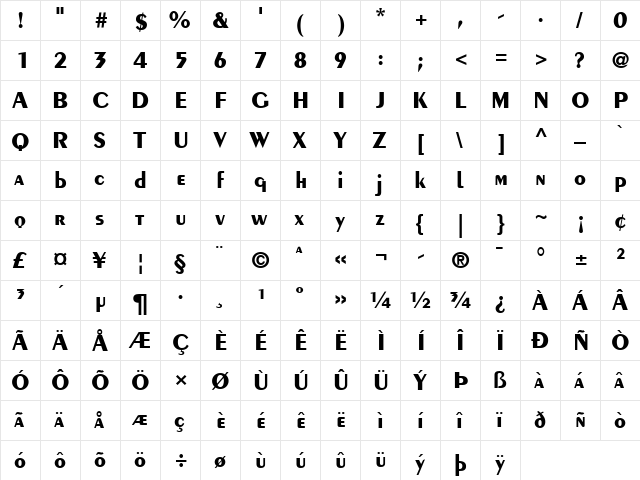 Peignot LT Demi Bold  glyph index