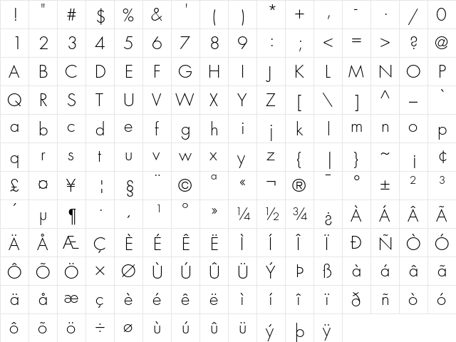 Futura Light  glyph index