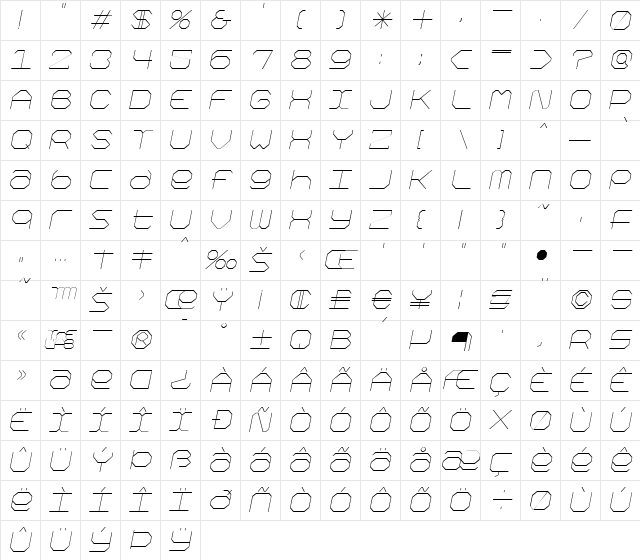 Kimono Italic  glyph index