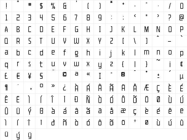 Pro55 Bold  glyph index