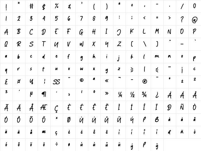 VanillaBacked Regular  glyph index