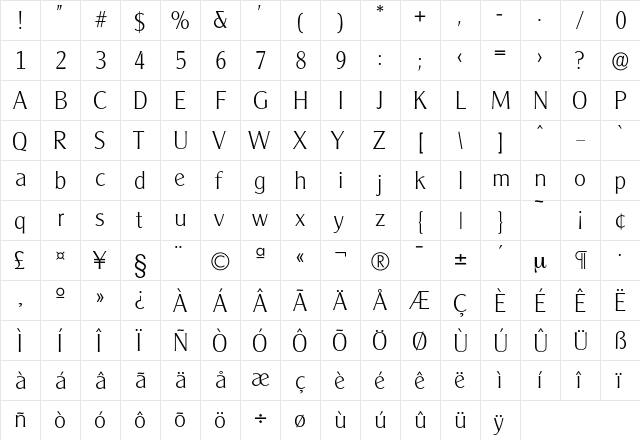 Cleargothic-Xlight Regular  glyph index