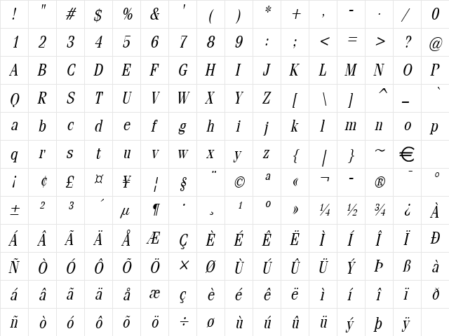 FelineCondensed Italic  glyph index