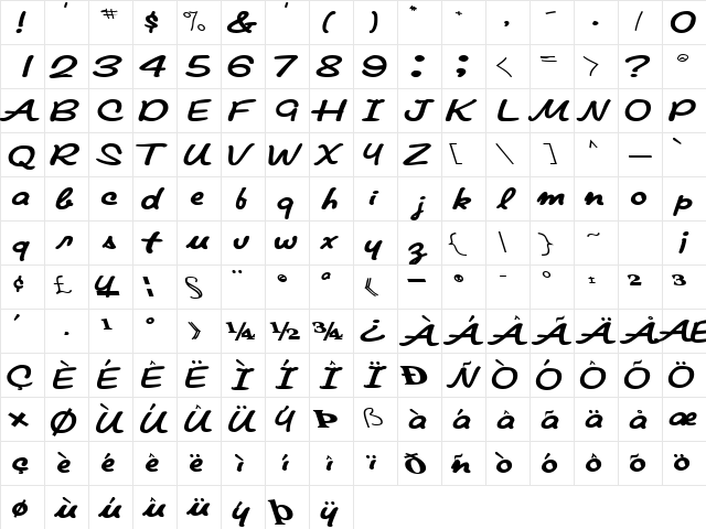 PompanoScriptSSK Bold  glyph index