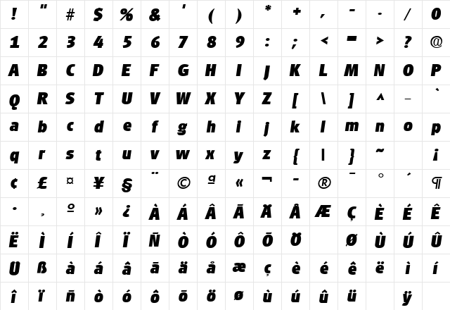 Goudita Sans Heavy SF Bold Italic  glyph index