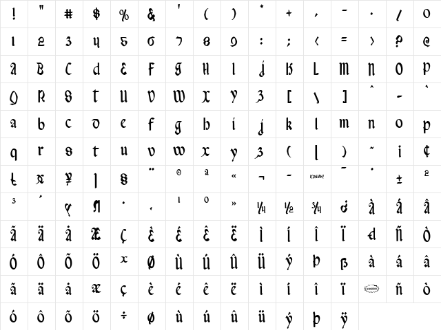 Valerius Condensed Condensed  glyph index