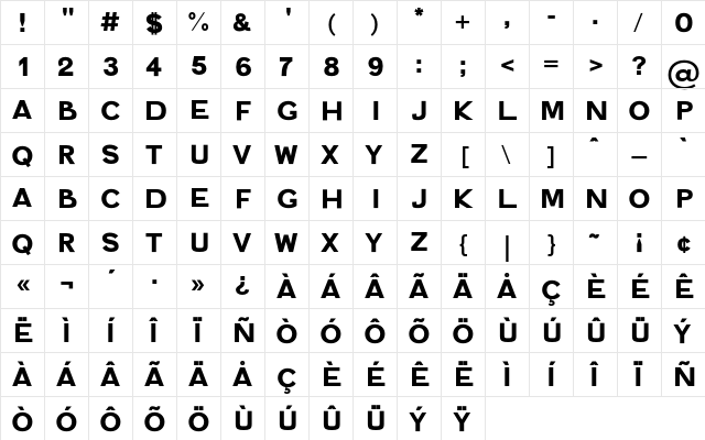 Aux Bold  glyph index