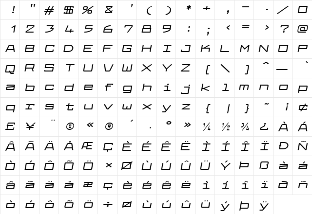 Larabiefont Xtrawide Bold Italic  glyph index