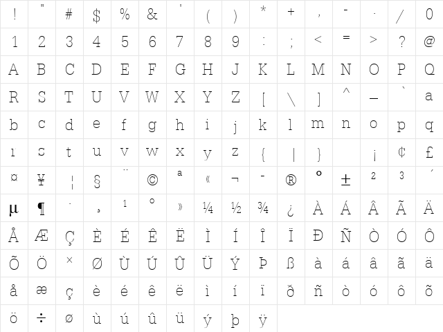 URWEgyptienneTExtLigExtNar Regular  glyph index