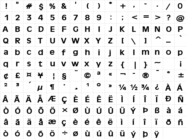 Antiqua 101 Wide Bold  glyph index