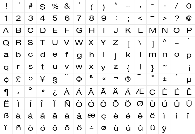HeaveneticaExtd5 SH  glyph index