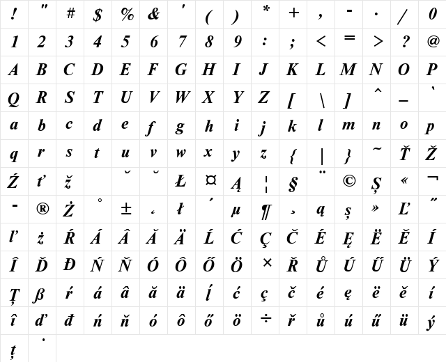 NewtonETT BoldItalic  glyph index