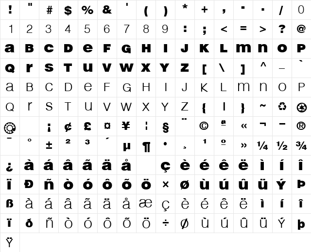 Light & Black Bold  glyph index