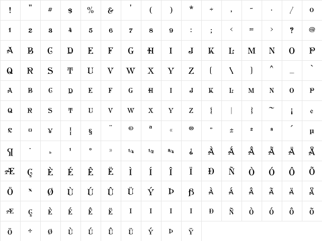 Koster Plain Caps Regular  glyph index